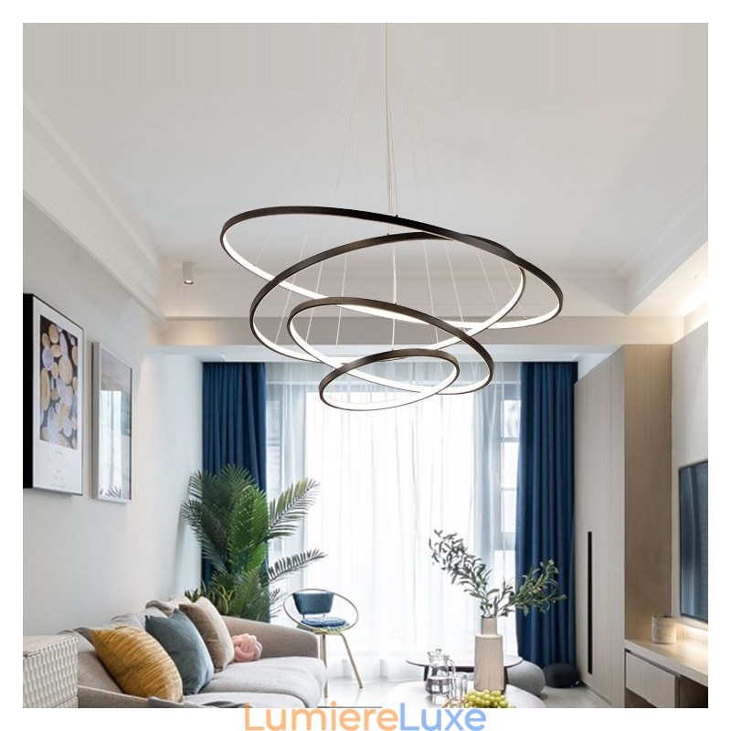 Grande suspension 4 anneaux 5 anneaux noir blanc or design moderne