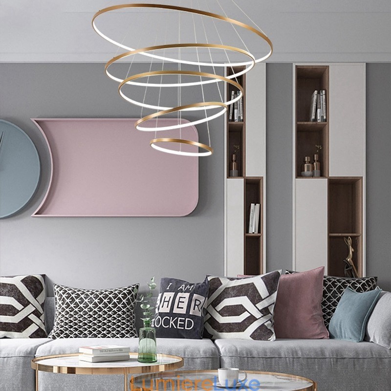 Grande suspension 4 anneaux 5 anneaux noir blanc or design moderne