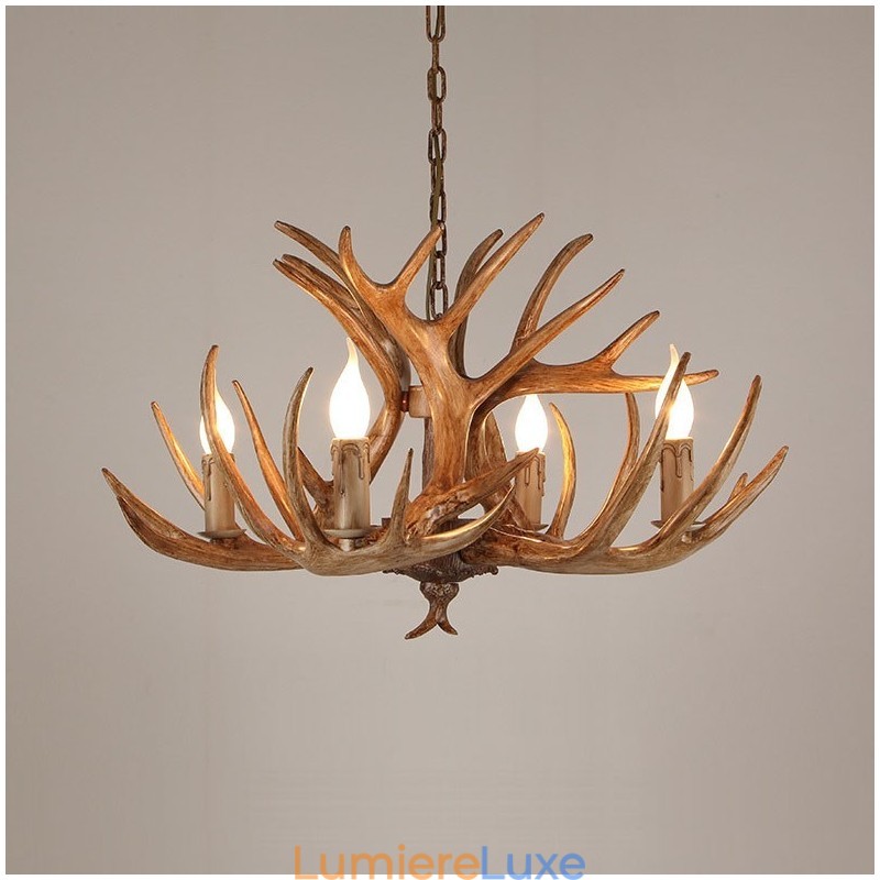 Lustre antique rustique artistique rétro à 4 lumières en bois de cerf
