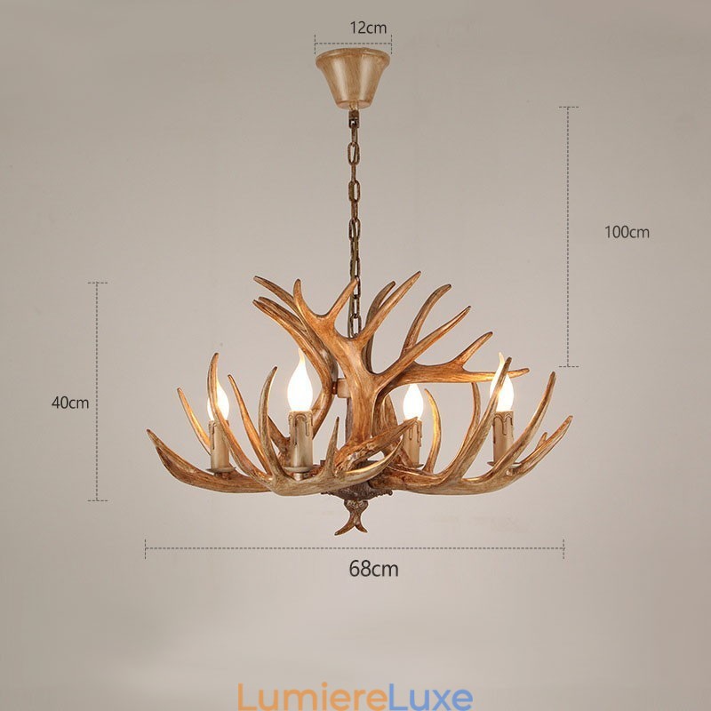 Lustre antique rustique artistique rétro à 4 lumières en bois de cerf