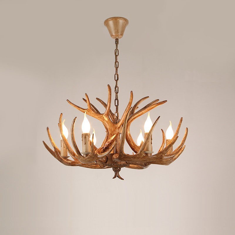 Lustre antique rustique artistique rétro à 6 lumières en bois de cerf