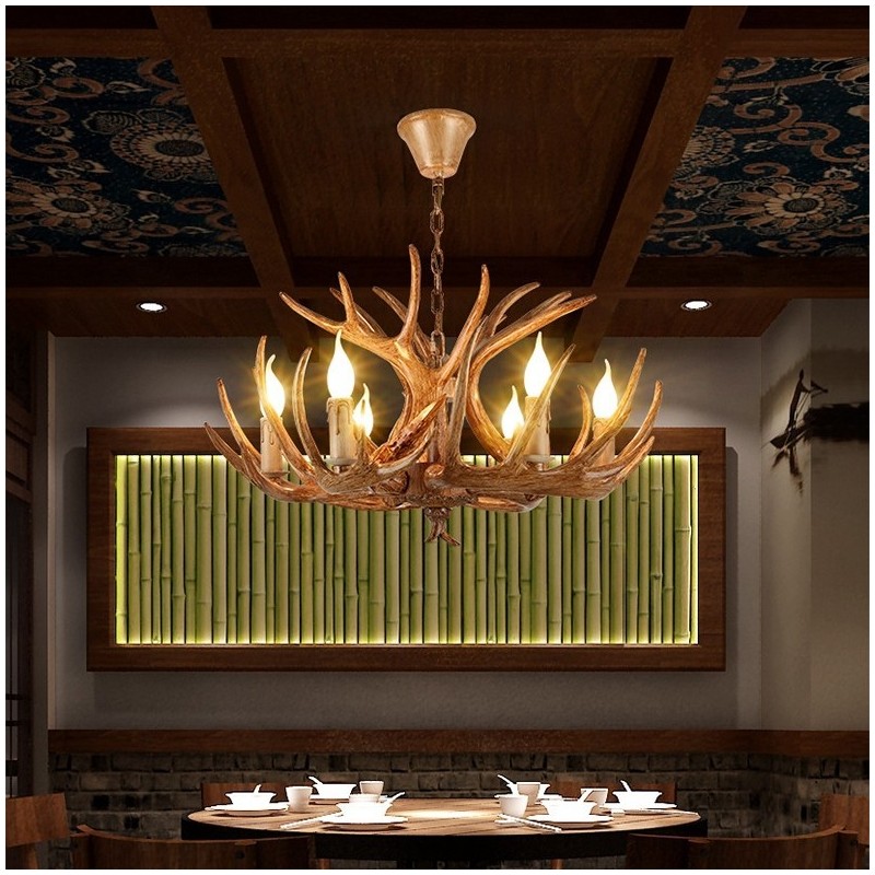 Lustre antique rustique artistique rétro à 6 lumières en bois de cerf