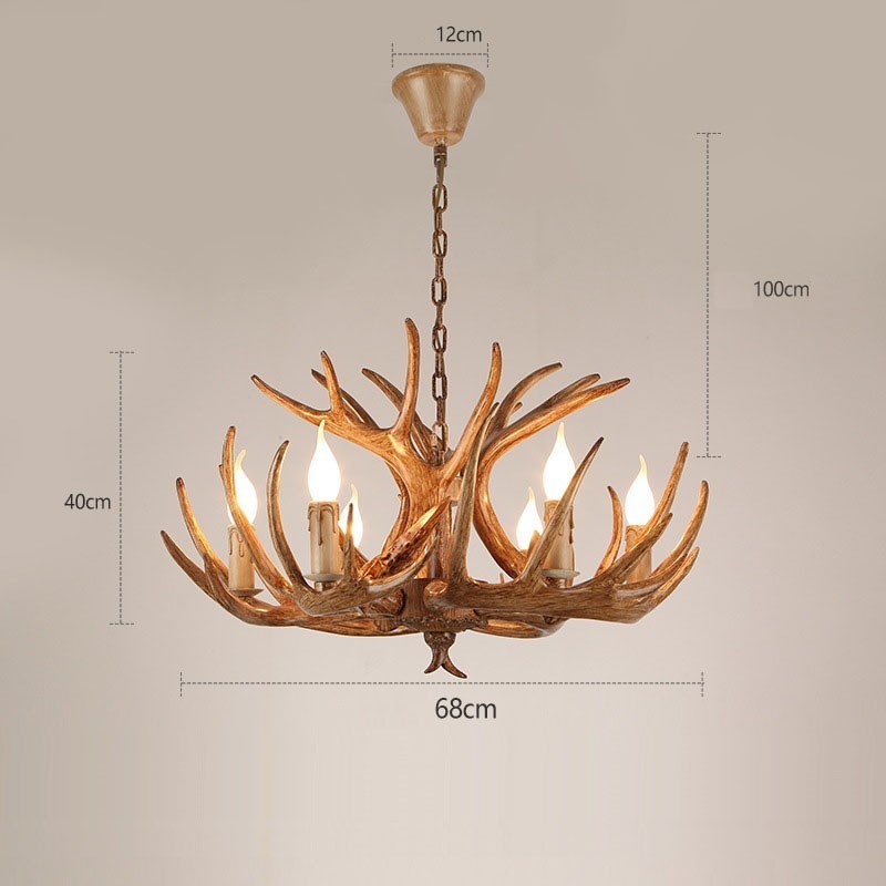 Lustre antique rustique artistique rétro à 6 lumières en bois de cerf