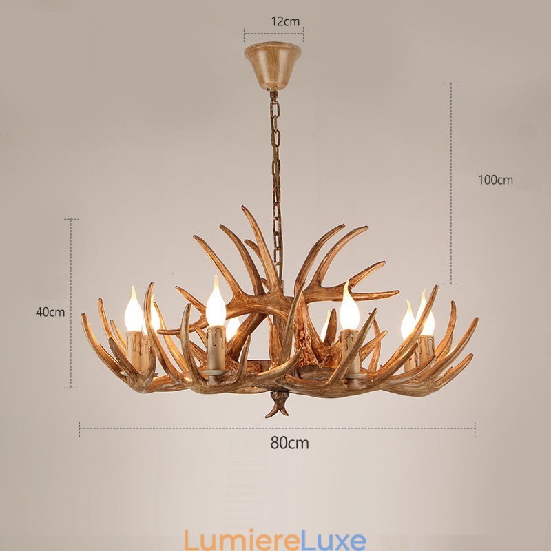 Lustre antique rustique artistique rétro à 8 lumières en bois de cerf