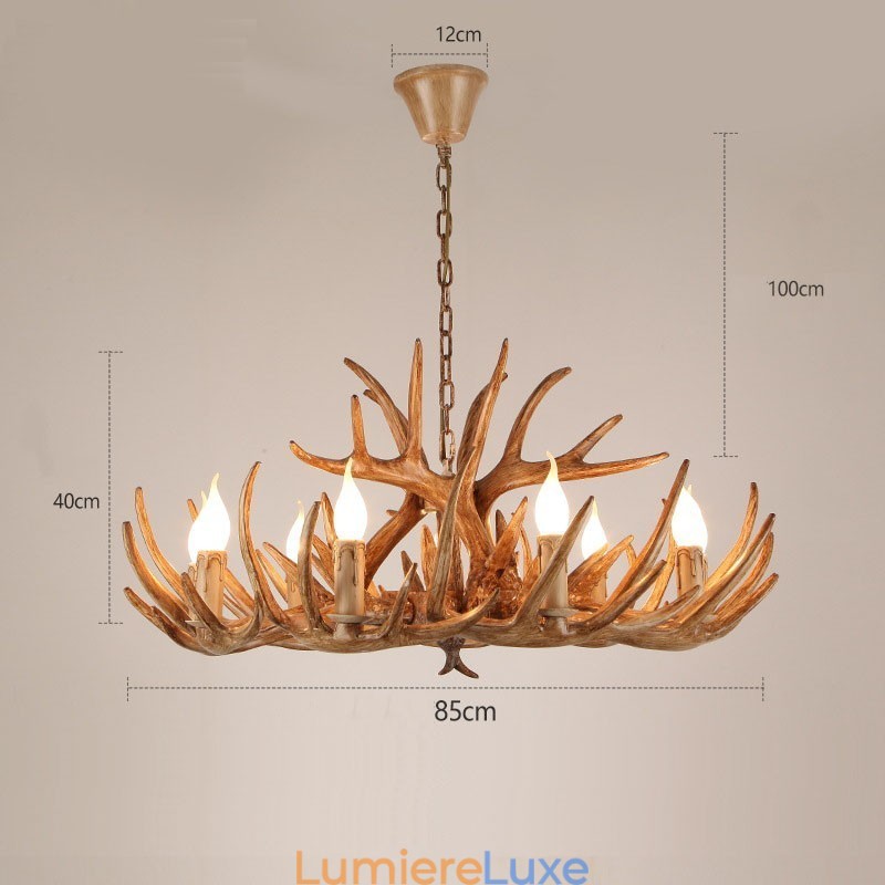 Lustre antique à 9 lumières à deux niveaux en bois de cerf rustique et artistique rétro