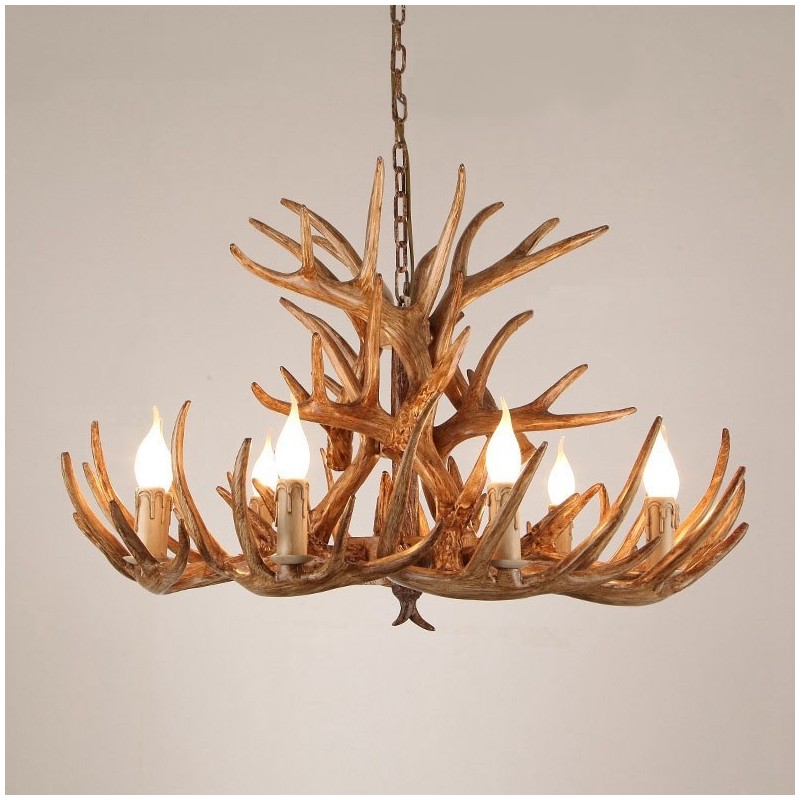 Lustre antique à 9 lumières en bois de cerf rustique et artistique à trois niveaux