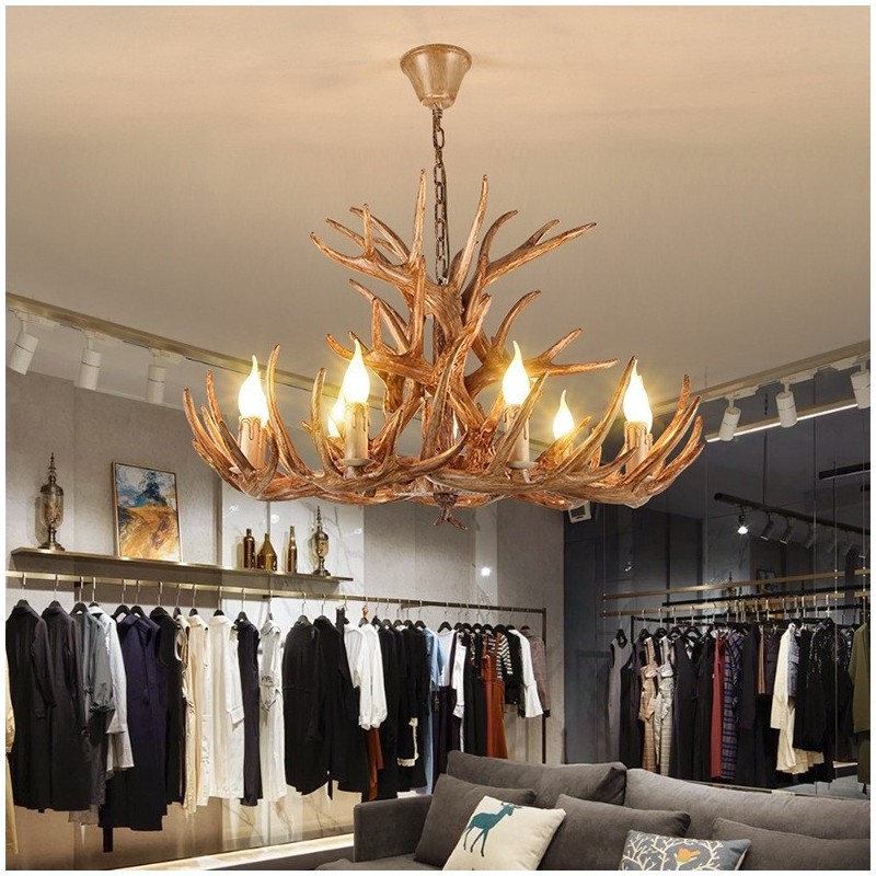 Lustre antique à 9 lumières en bois de cerf rustique et artistique à trois niveaux