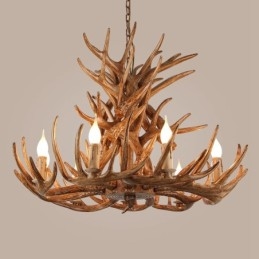Lustre rustique artistique rétro à 9 lumières et 4 niveaux en bois de cerf antique