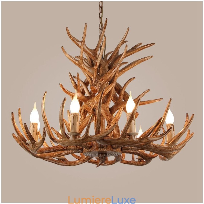Lustre rustique artistique rétro à 9 lumières et 4 niveaux en bois de cerf antique