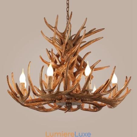 Lustre rustique artistique rétro à 9 lumières et 4 niveaux en bois de cerf antique Lustre rustique artistique rétro à 9 lumières et 4 niveaux en bois de cerf antique