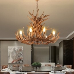 Lustre rustique artistique rétro à 9 lumières et 4 niveaux en bois de cerf antique