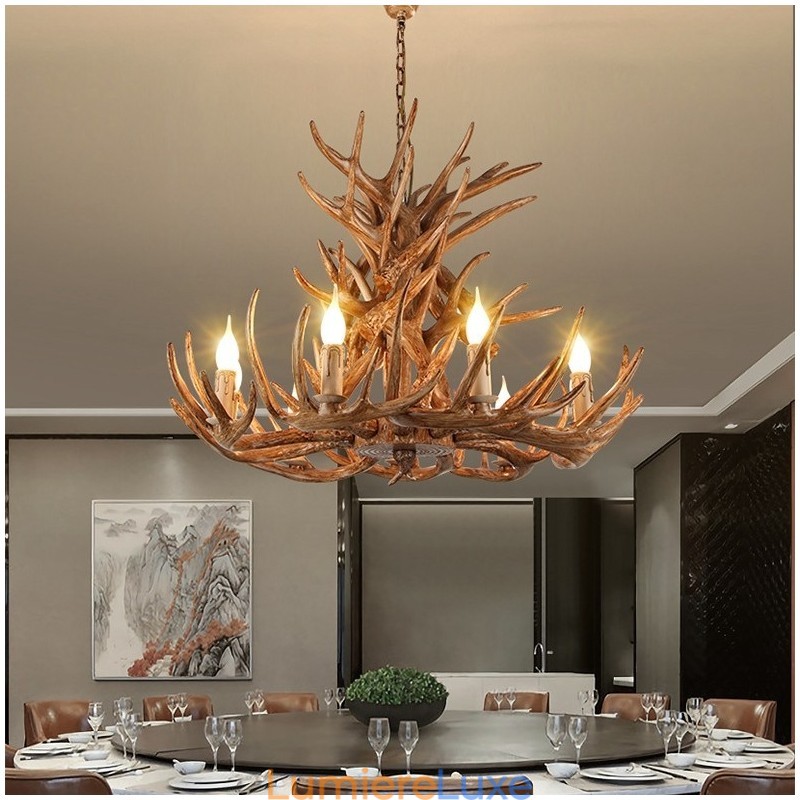 Lustre rustique artistique rétro à 9 lumières et 4 niveaux en bois de cerf antique