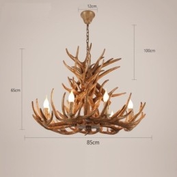Lustre rustique artistique rétro à 9 lumières et 4 niveaux en bois de cerf antique