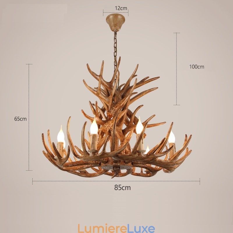 Lustre rustique artistique rétro à 9 lumières et 4 niveaux en bois de cerf antique