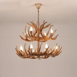 Lustre antique en bois de cerf rustique artistique rétro à 12 (8+4) lumières à 2 niveaux