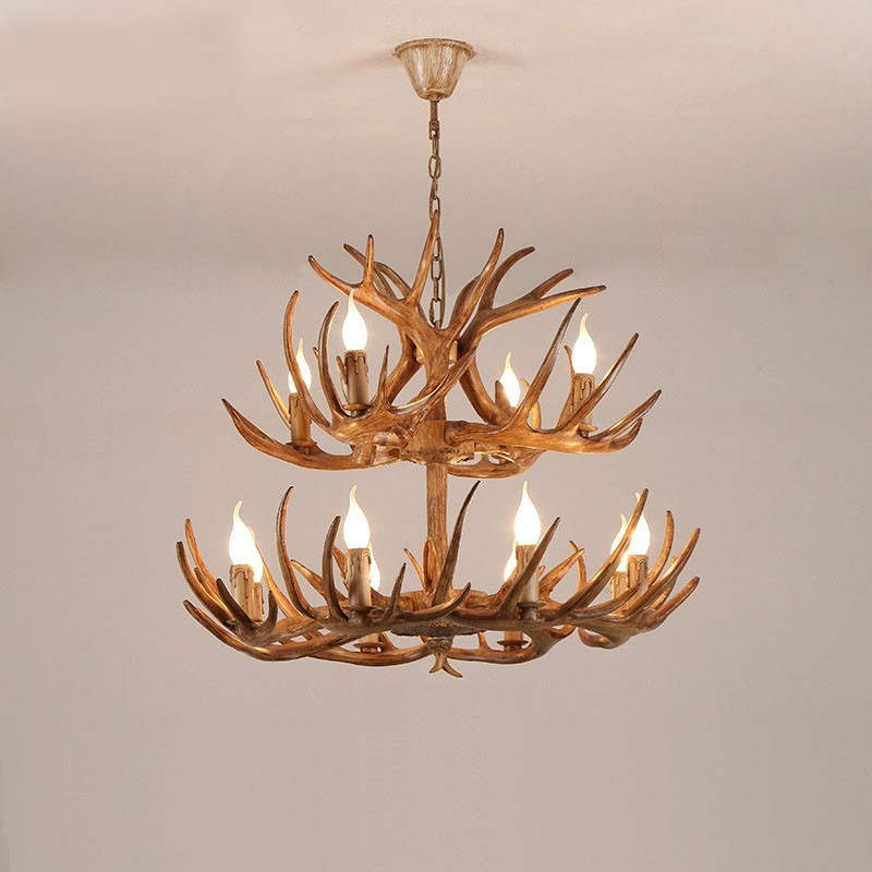 Lustre antique en bois de cerf rustique artistique rétro à 12 (8+4) lumières à 2 niveaux