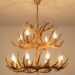 Lustre antique en bois de cerf rustique artistique rétro à 12 (8+4) lumières à 2 niveaux
