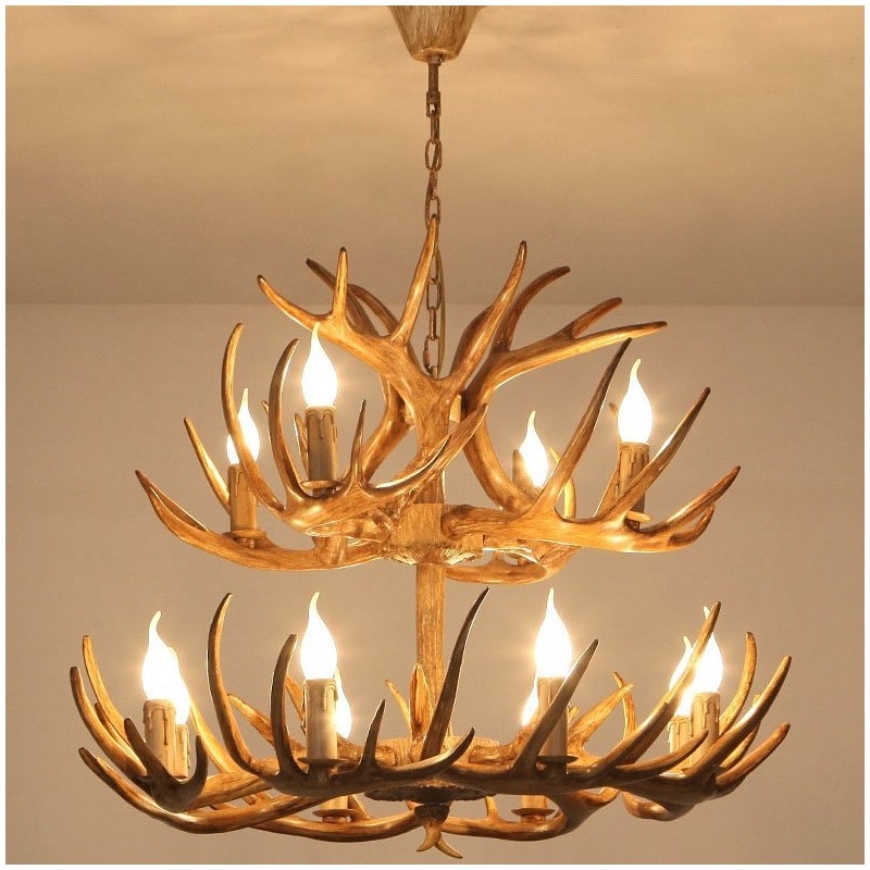 Lustre antique en bois de cerf rustique artistique rétro à 12 (8+4) lumières à 2 niveaux