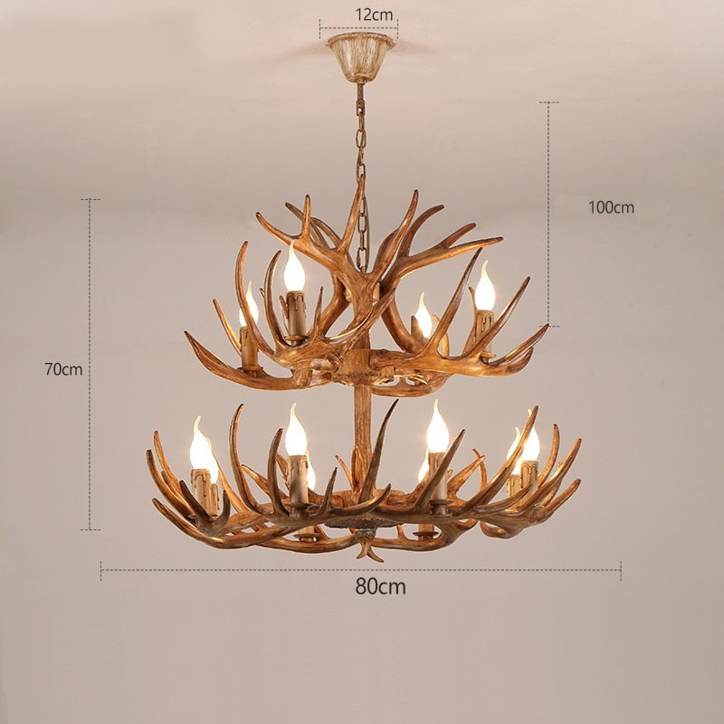 Lustre antique en bois de cerf rustique artistique rétro à 12 (8+4) lumières à 2 niveaux