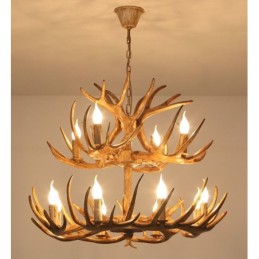 Lustre antique en bois de cerf rustique artistique rétro à 12 (8+4) lumières à 2 niveaux