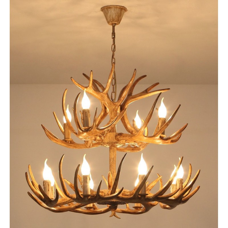 Lustre antique en bois de cerf rustique artistique rétro à 12 (8+4) lumières à 2 niveaux