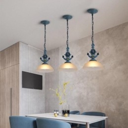 Suspension rustique artistique rétro antique bleu clair avec abat-jour en verre
