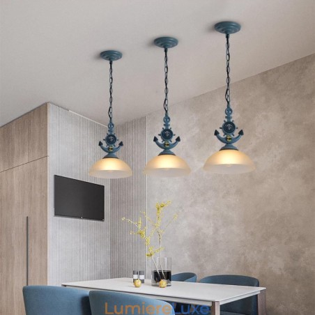 Suspension rustique artistique rétro antique bleu clair avec abat-jour en verre Suspension rustique artistique rétro antique bleu clair avec abat-jour en verre