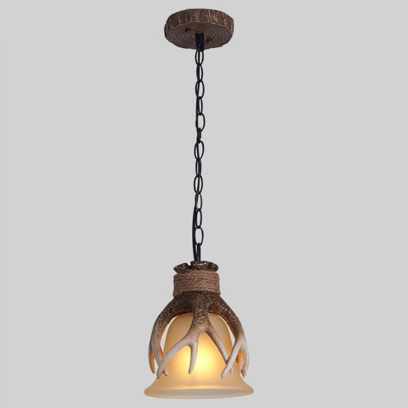 Suspension rustique artistique rétro en bois de cerf avec abat-jour en verre
