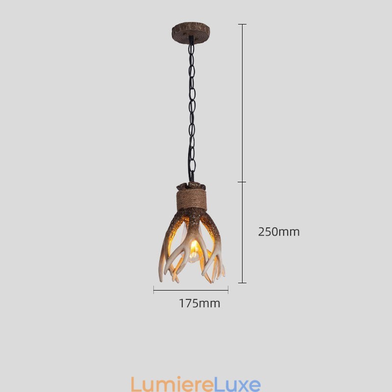 Suspension rustique artistique rétro en bois de cerf antique à une lumière