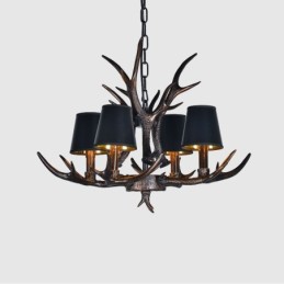 Lustre rustique noir à 4 lumières en bois de cerf avec abat-jour