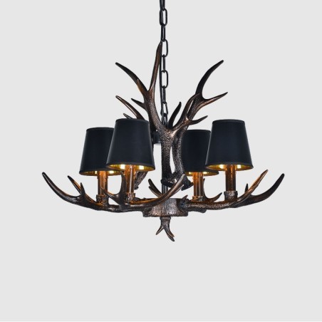 Lustre rustique noir à 4 lumières en bois de cerf avec abat-jour Lustre rustique noir à 4 lumières en bois de cerf avec abat-jour