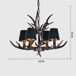 Lustre rustique noir à 4 lumières en bois de cerf avec abat-jour