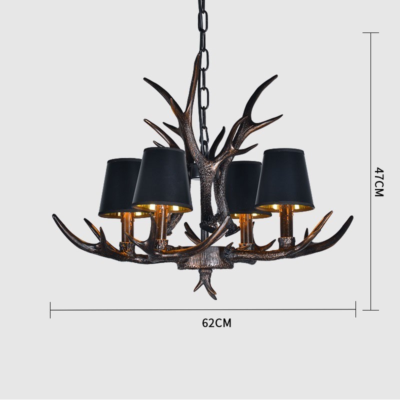 Lustre rustique noir à 4 lumières en bois de cerf avec abat-jour