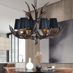 Lustre rustique noir à 6 lumières en bois de cerf avec abat-jour