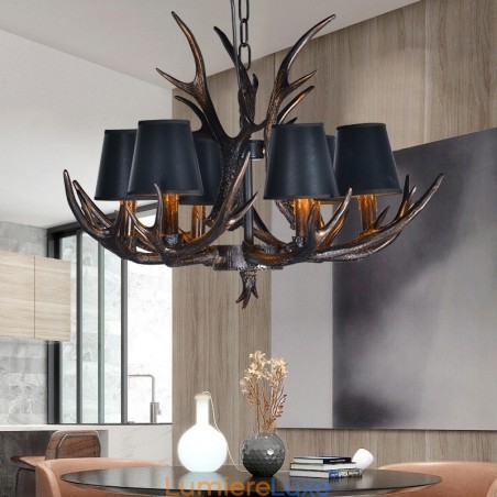 Lustre rustique noir à 6 lumières en bois de cerf avec abat-jour Lustre rustique noir à 6 lumières en bois de cerf avec abat-jour