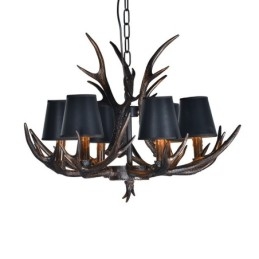 Lustre rustique noir à 6 lumières en bois de cerf avec abat-jour