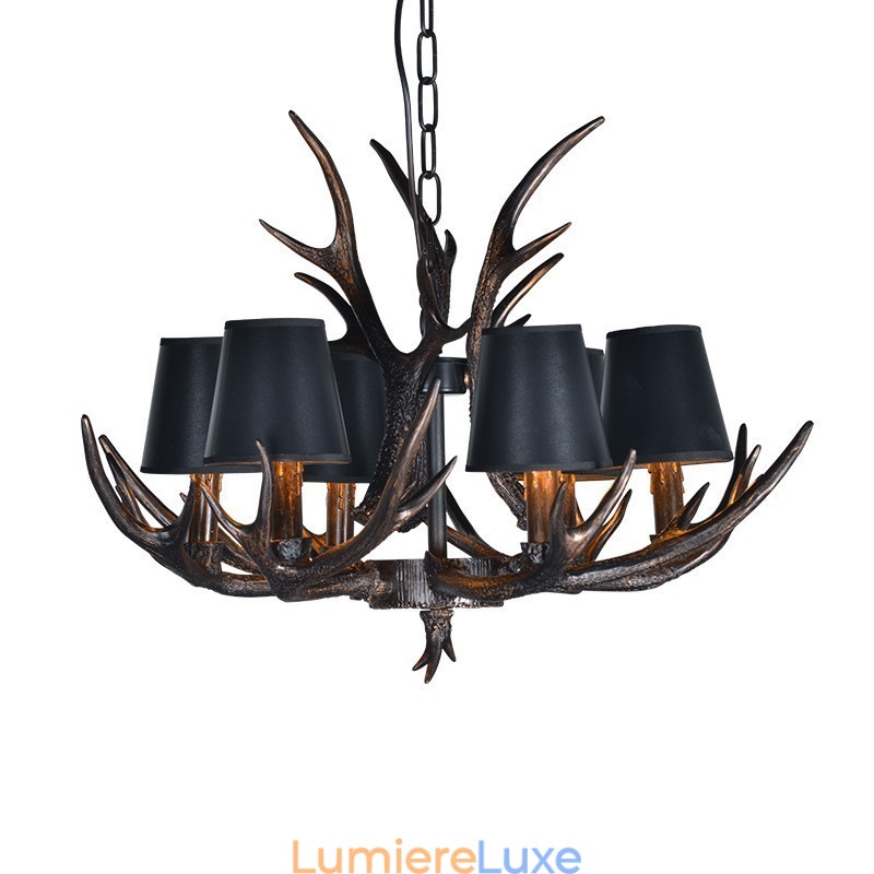 Lustre rustique noir à 6 lumières en bois de cerf avec abat-jour