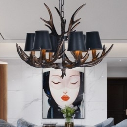 Lustre rustique noir à 6 lumières en bois de cerf avec abat-jour