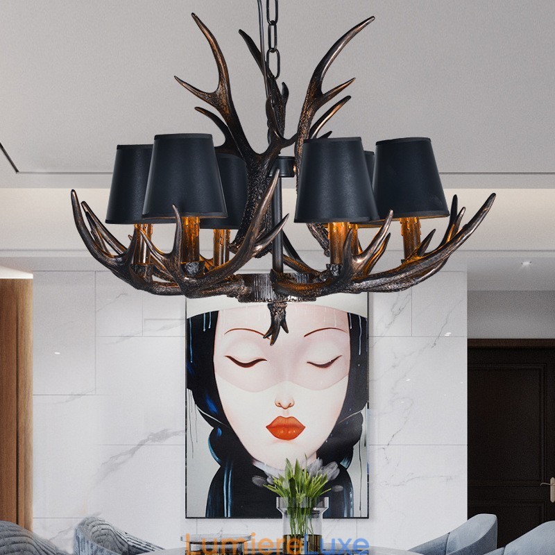 Lustre rustique noir à 6 lumières en bois de cerf avec abat-jour