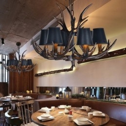 Lustre rustique noir à 6 lumières en bois de cerf avec abat-jour