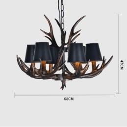 Lustre rustique noir à 6 lumières en bois de cerf avec abat-jour