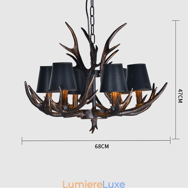 Lustre rustique noir à 6 lumières en bois de cerf avec abat-jour