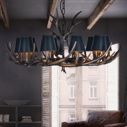 Lustre rétro en bois de cerf avec abat-jour