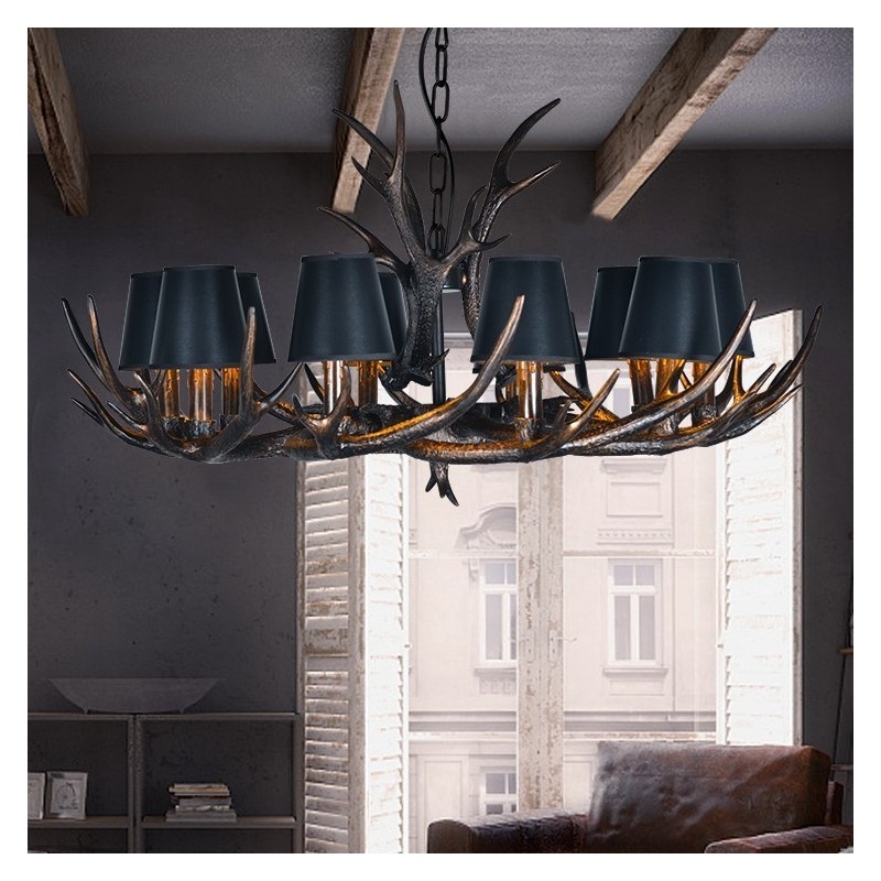 Lustre rétro en bois de cerf avec abat-jour
