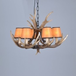 Lustre rustique artistique rétro à 6 lumières en bois de cerf avec abat-jour