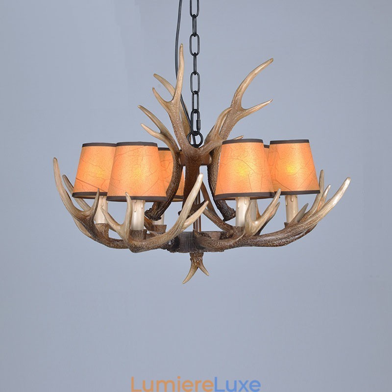 Lustre rustique artistique rétro à 6 lumières en bois de cerf avec abat-jour