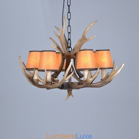 Lustre rustique artistique rétro à 6 lumières en bois de cerf avec abat-jour Lustre rustique artistique rétro à 6 lumières en bois de cerf avec abat-jour