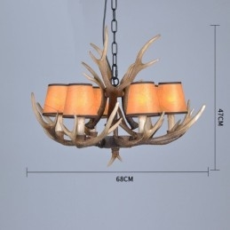 Lustre rustique artistique rétro à 6 lumières en bois de cerf avec abat-jour