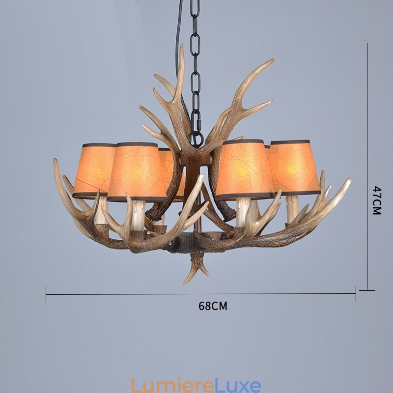 Lustre rustique artistique rétro à 6 lumières en bois de cerf avec abat-jour