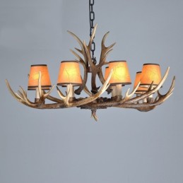 Lustre rustique artistique rétro à 8 lumières en bois de cerf avec abat-jour